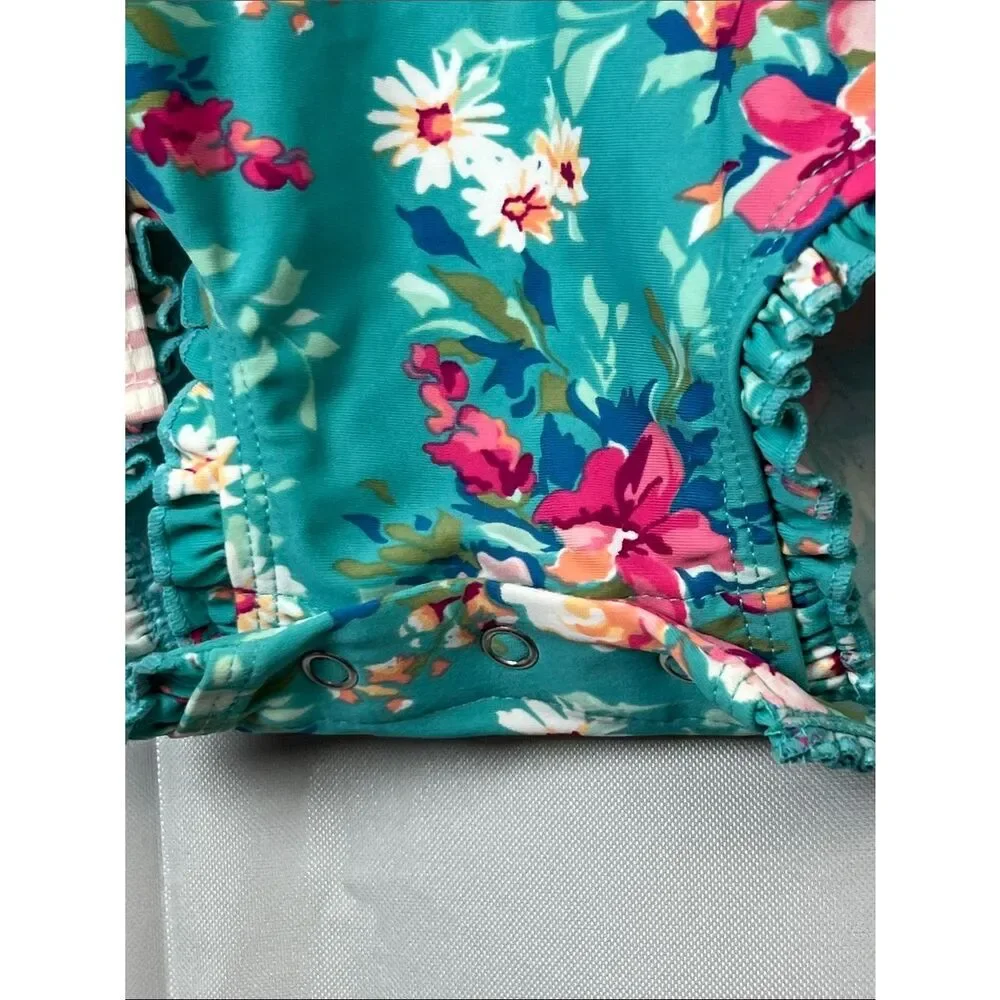 RuffleButts green and pink floral back zipper rash guard one piece swim 6-2 m